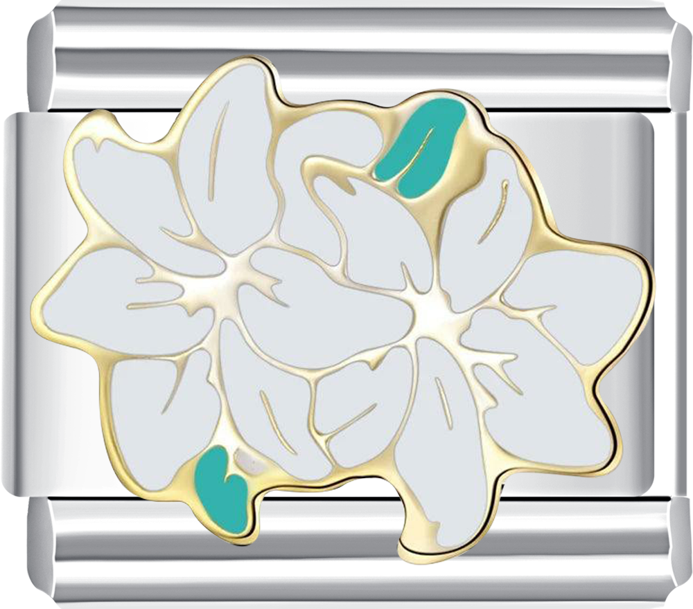 Silver charm with a floral design featuring gold accents and turquoise leaves.