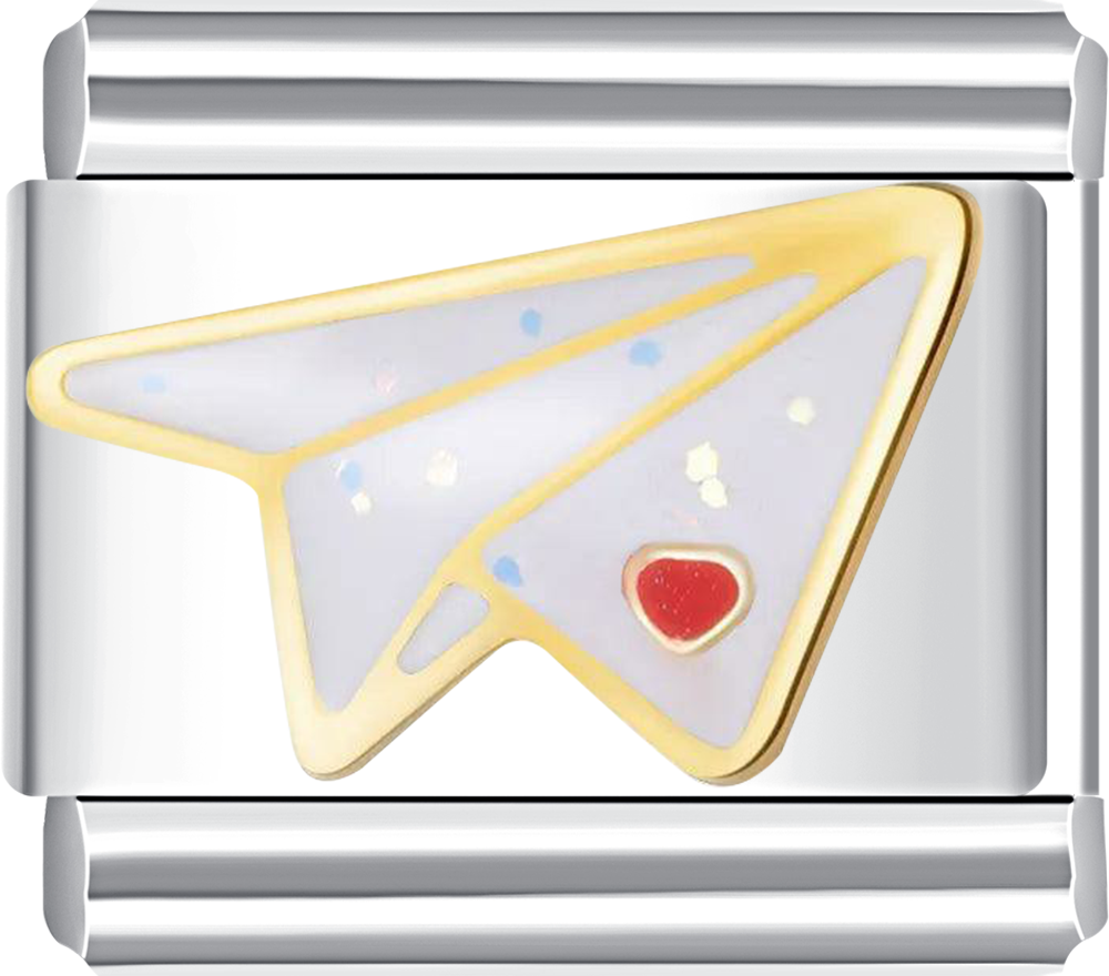 Silver charm with a gold airplane and red heart design
