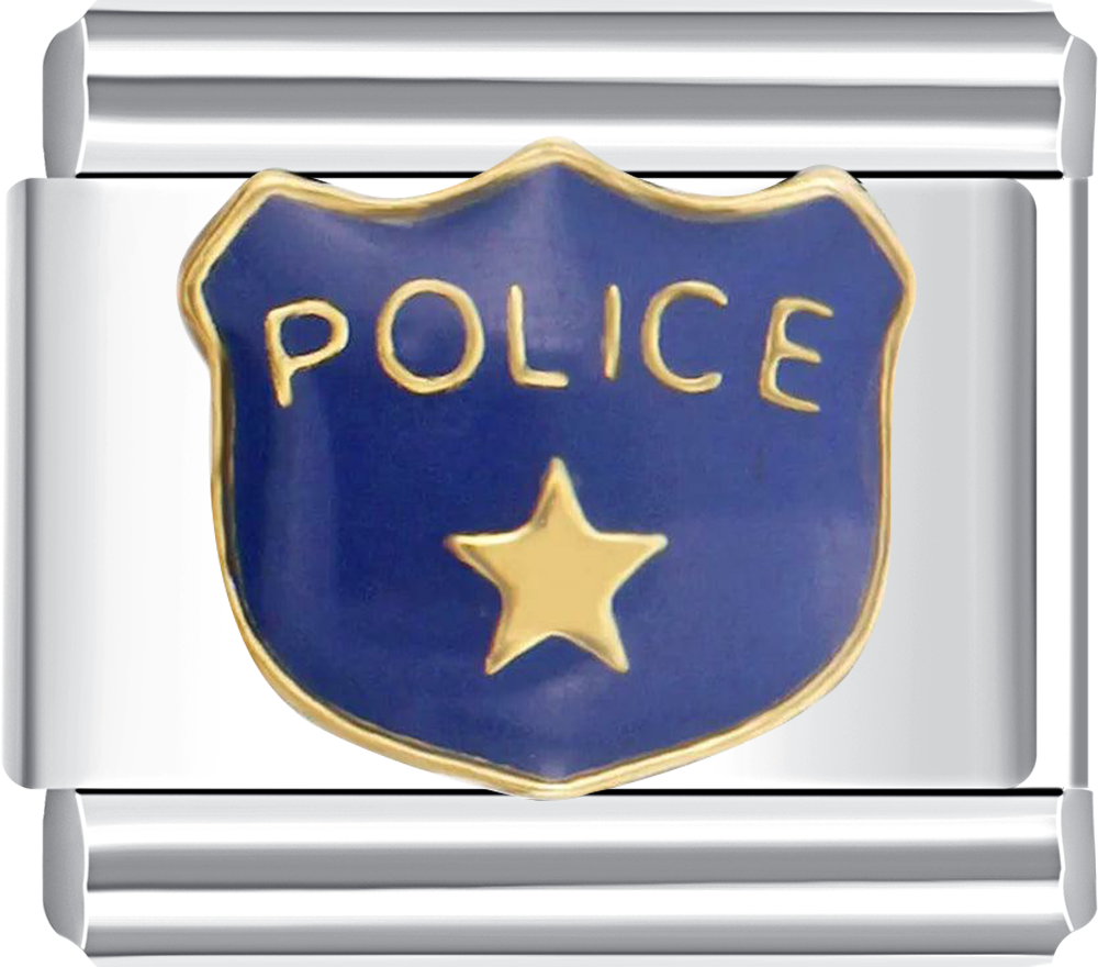 Police-themed charm with blue shield and gold star 