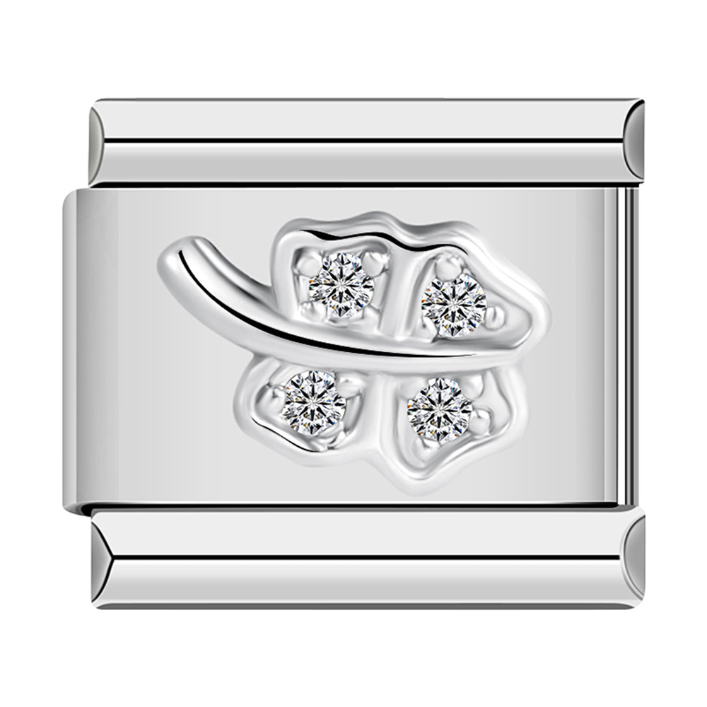 Clover in Silver and White Stones