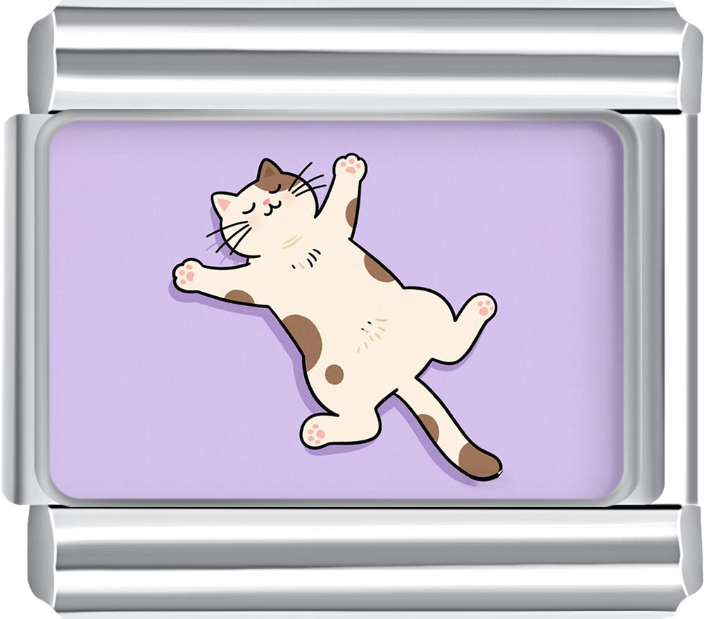 Stretching cat italian charm on purple enamel, perfect for custom pet-themed italian charm bracelets