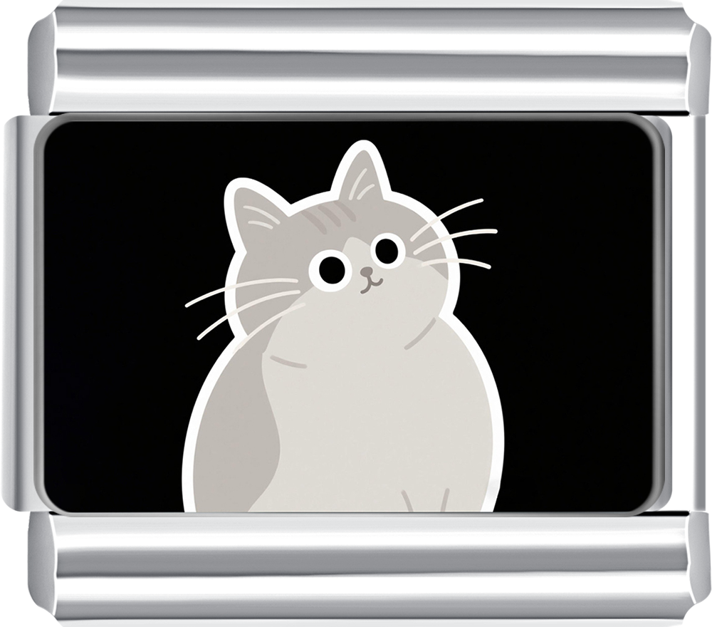 Grey fluffy cartoon cat on black background italian charm, perfect for your cat lover’s italian bracelet