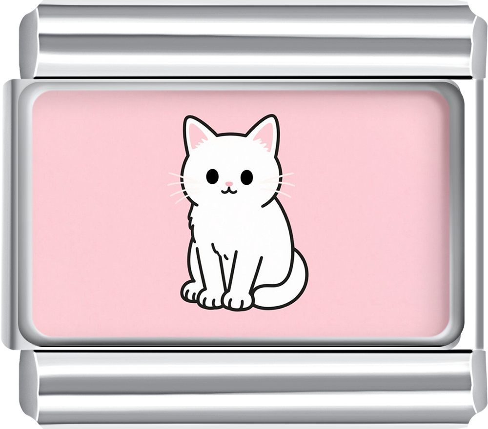 White kitten charm on pink background, ideal for a personalized italian charm bracelet