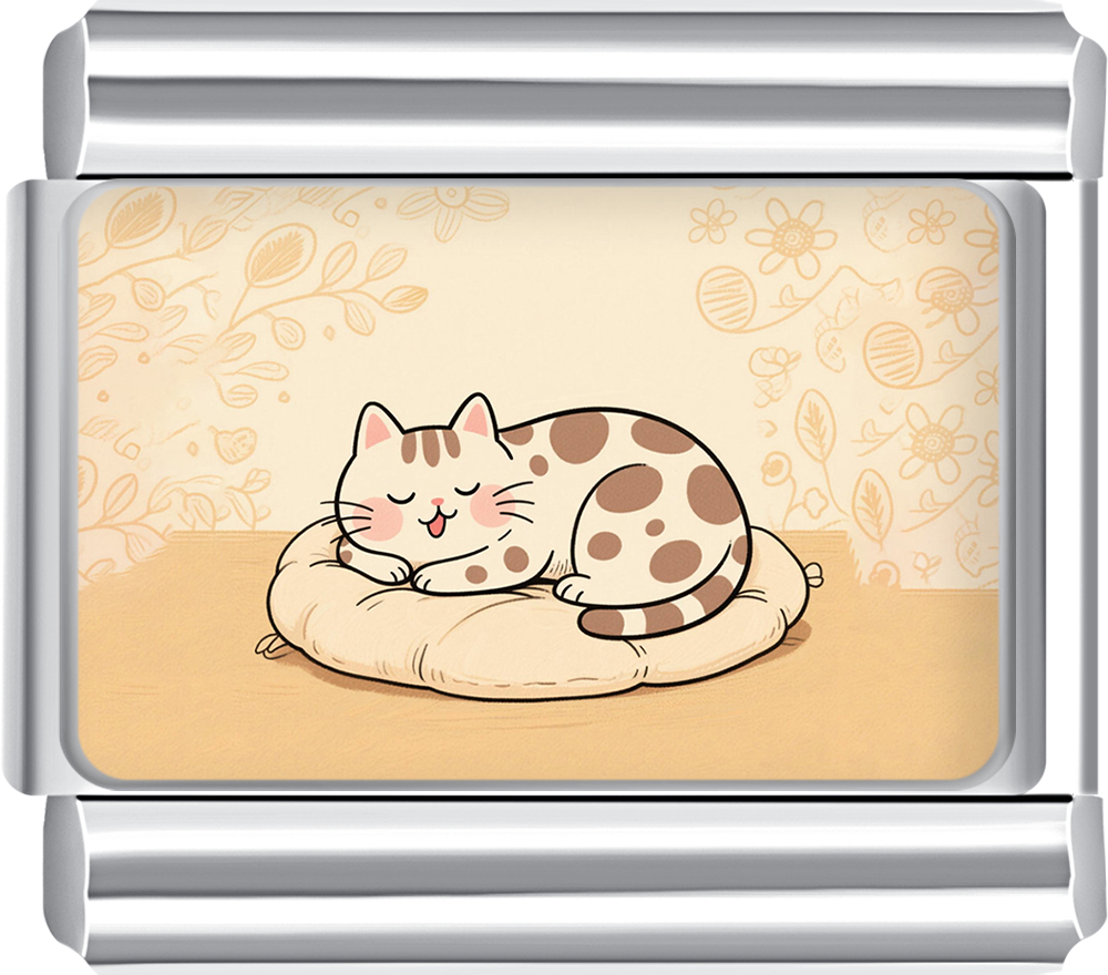 Sleeping tabby cat italian charm on floral background, ideal for custom bracelets with cat themes