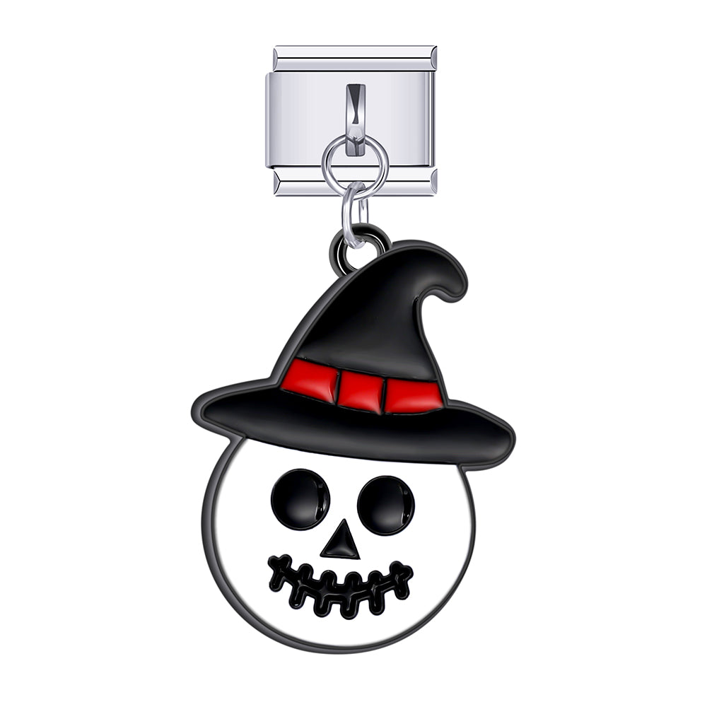 Halloween skull with witch hat dangle charm for Italian charm bracelet, modular link style