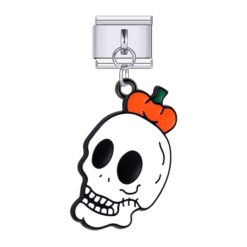 Halloween skull with pumpkin hat dangle charm for Italian charm bracelet, modular link style