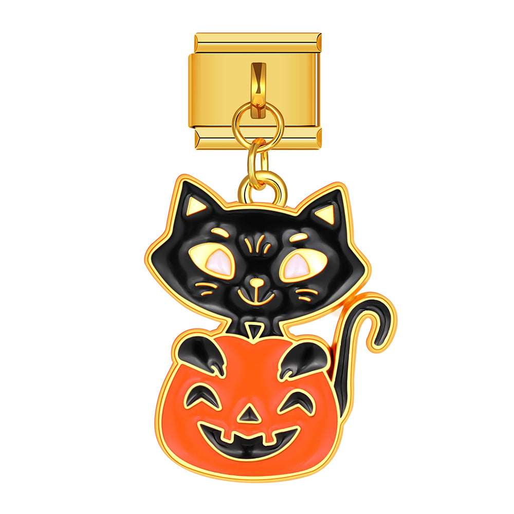 Halloween black cat with pumpkin dangle charm for Italian charm bracelet, modular link style