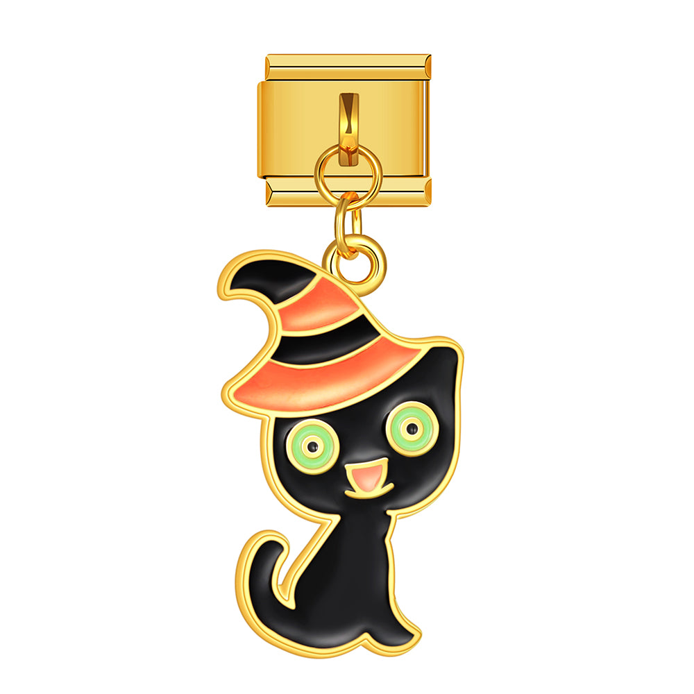 Halloween witch cat dangle charm for Italian charm bracelet, modular link style