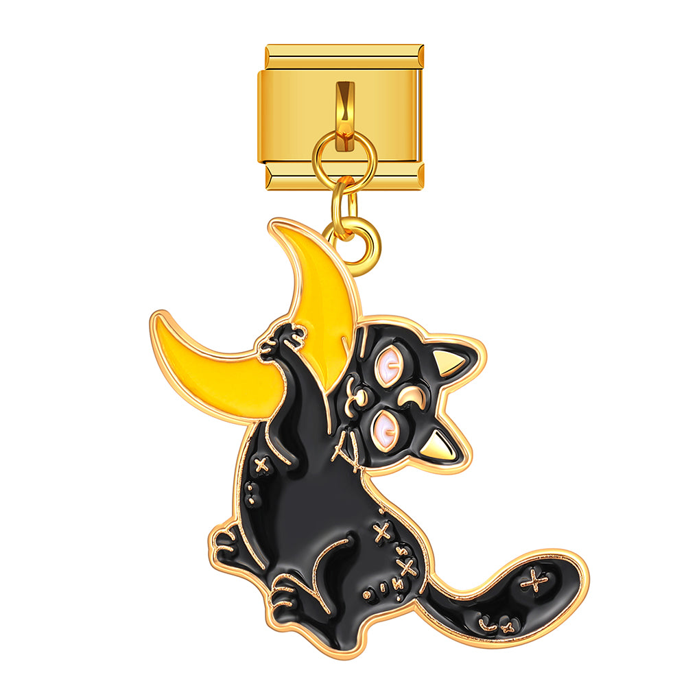 Halloween black cat with moon dangle charm for Italian charm bracelet, modular link style