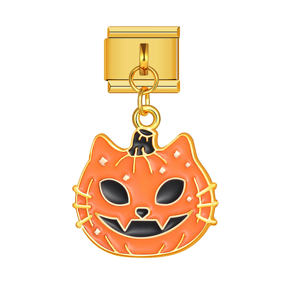 Halloween orange cat mask dangle charm for Italian charm bracelet, modular link style