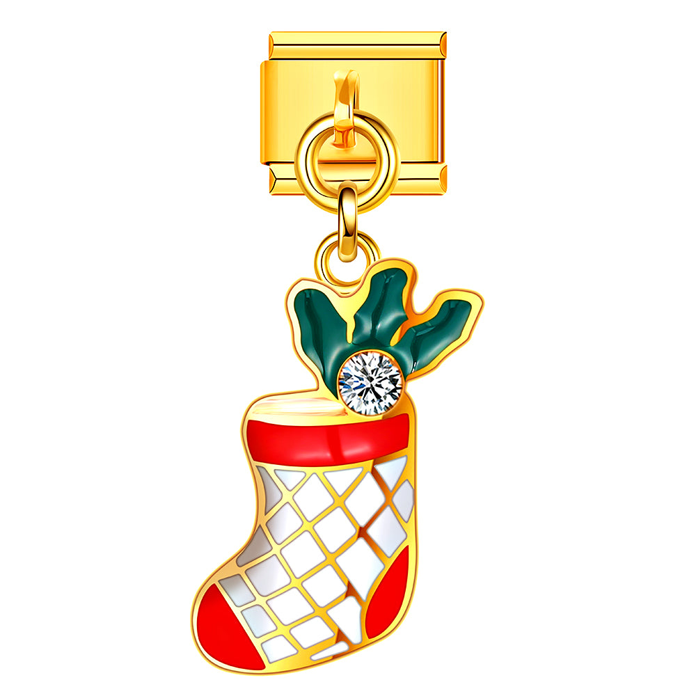 Red and gold stocking Italian charm for DIY bracelet. Capture Christmas warmth and festive cheer in every link.