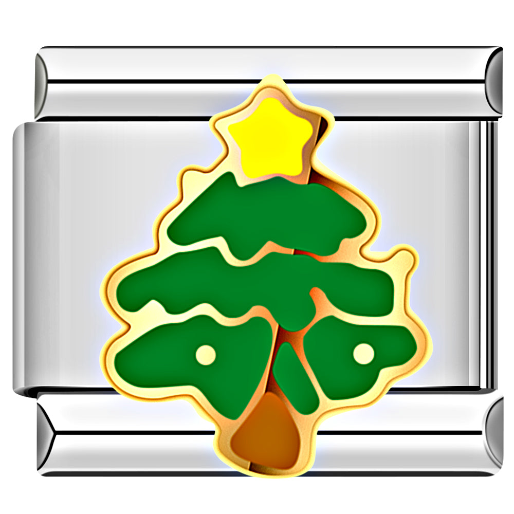 Green Christmas tree Italian charm with star, festive bracelet modular charm.