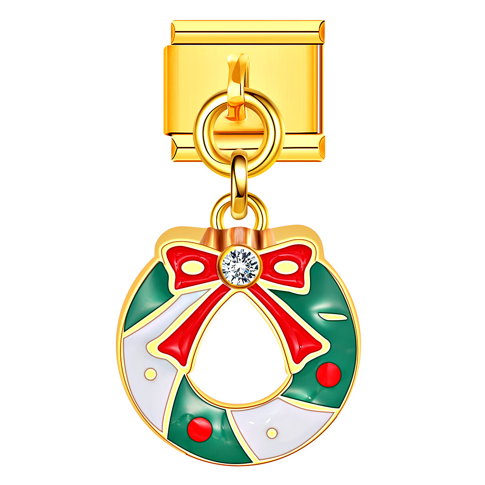 Wreath with red bow Italian charm, full of Christmas joy. Ideal for festive bracelet customization.
