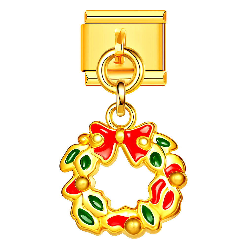 Festive wreath charm with red ribbon, Italian charm bracelet compatible. Perfect for Christmas decoration jewelry.