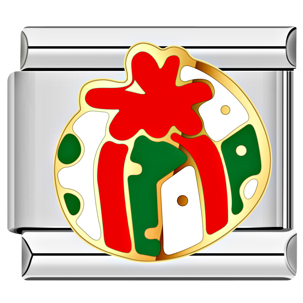 Red and green gift box Italian charm, gold bow Christmas bracelet charm.