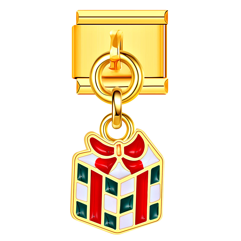 Wrapped gift box Italian charm for holiday bracelets. Perfect for Christmas gifting and DIY lovers.