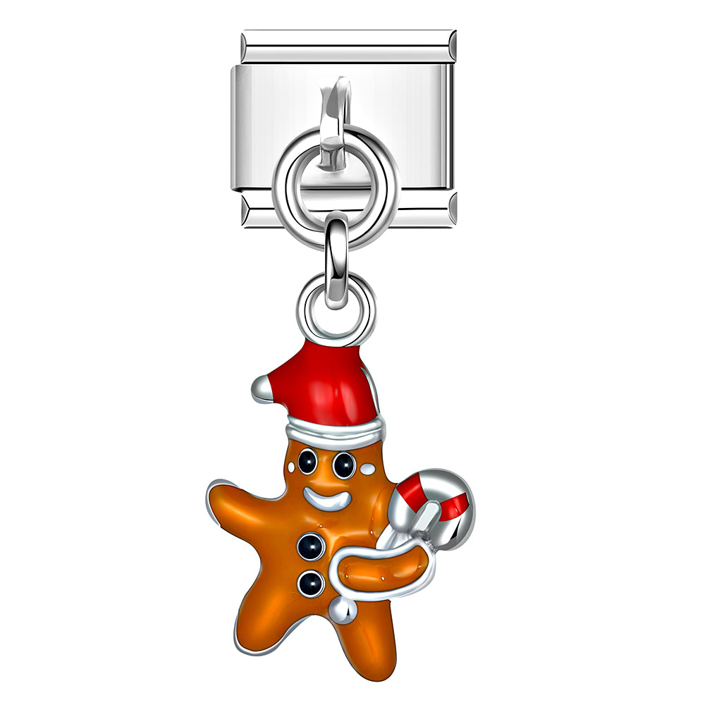 Gingerbread man Italian charm brown enamel with Santa hat and candy cane, holiday bracelet charm.