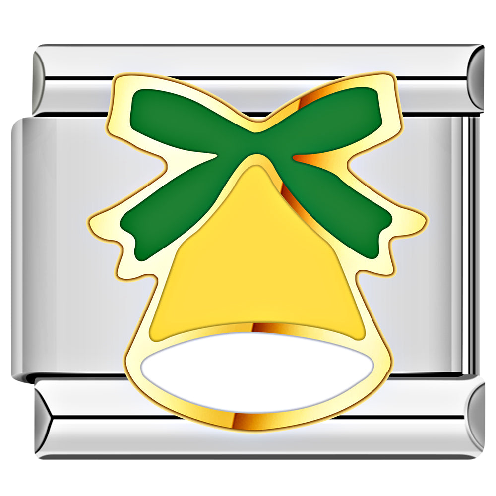 Gold bell Italian charm enamel design, festive Christmas jewelry piece.
