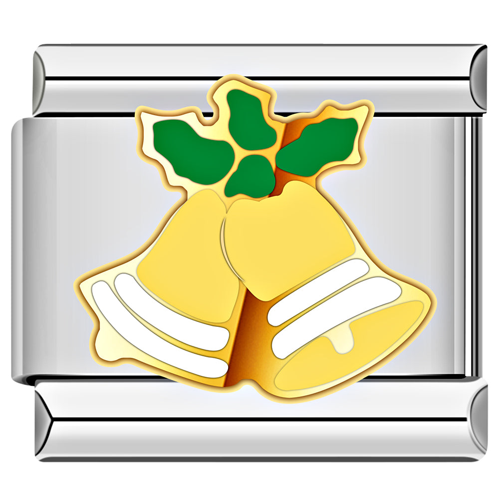 Golden bells Italian charm with green holly leaves, Christmas bracelet charm.