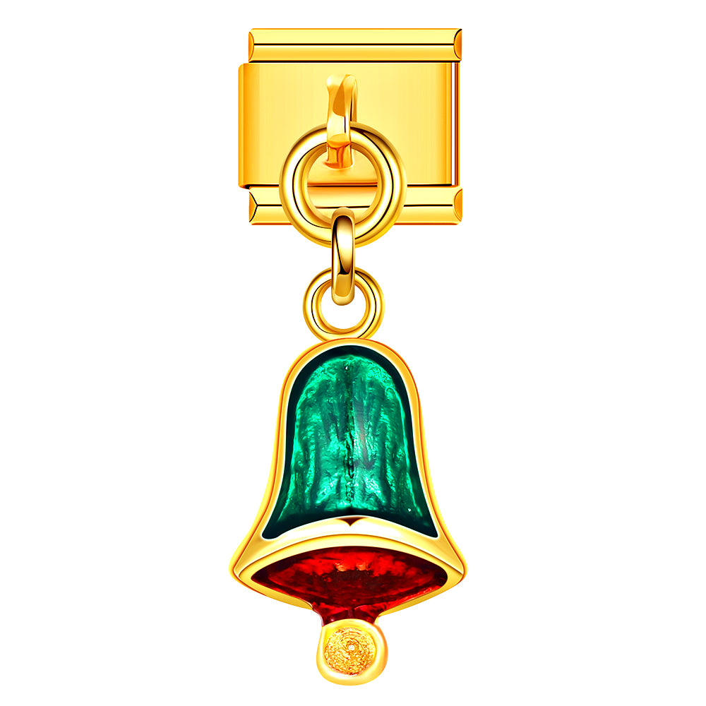 Green Christmas bell charm for Italian bracelets, festive and eye-catching design for holiday styling.