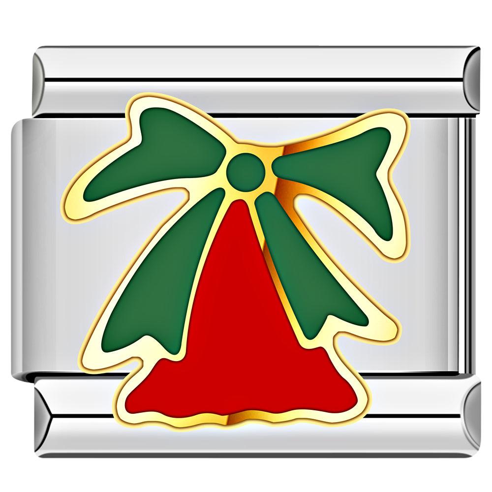 Green bow Italian charm with red center enamel, designed for Christmas-themed bracelets.