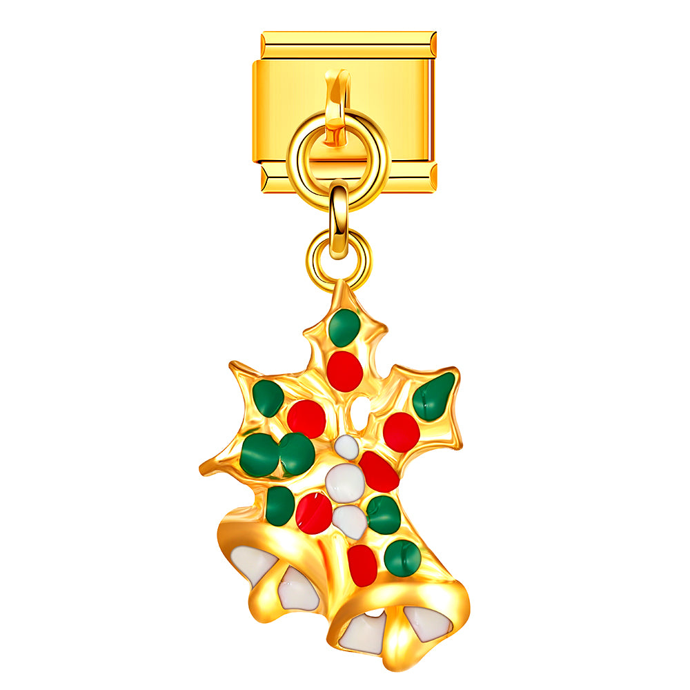 Festive holly leaf Italian charm in red and green enamel. Perfect for Christmas-themed bracelet DIY.
