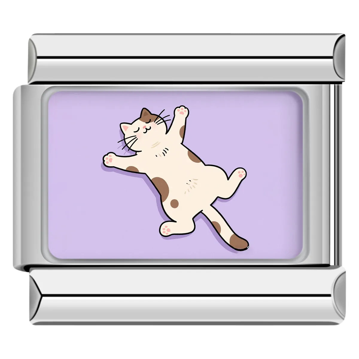 Stretching cat italian charm on purple enamel, perfect for custom pet-themed italian charm bracelets