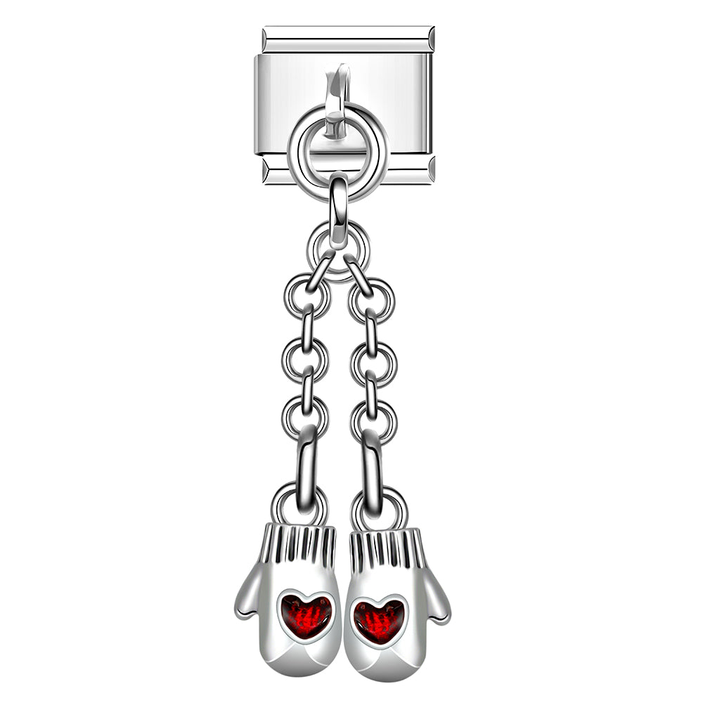 Silver double mitten Italian charm with red hearts, linked chain winter jewelry accessory.