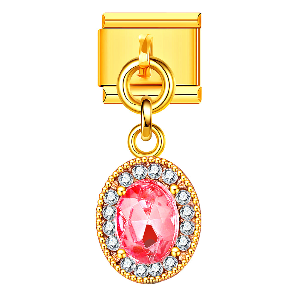 Elegant pink gemstone Italian charm with golden trim, ideal for adding sparkle to your Christmas bracelet.