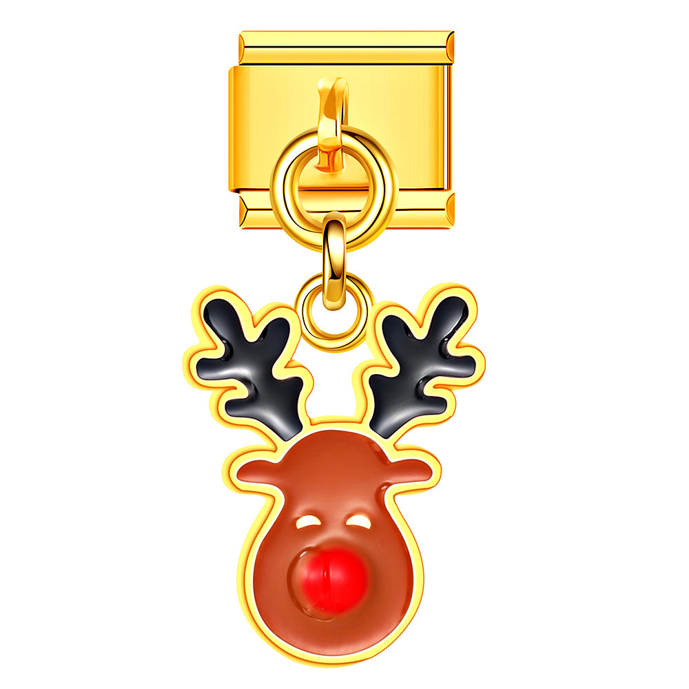 Red-nosed reindeer Italian charm brings festive cheer. Add it to your Christmas bracelet for playful charm.