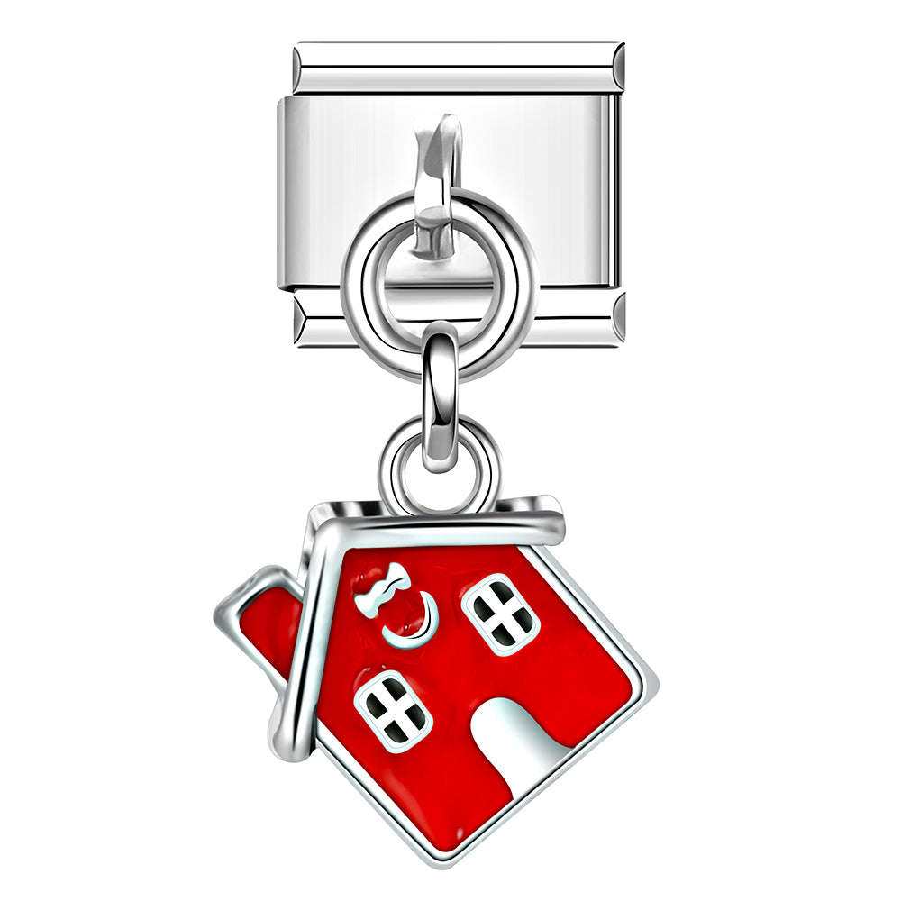 Red Christmas house Italian charm with silver bow, festive modular jewelry piece.
