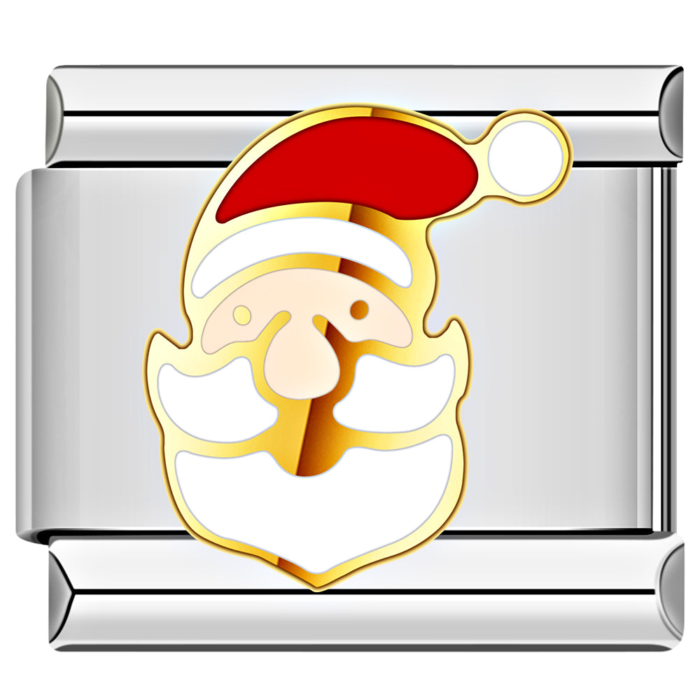 Santa Claus face charm with golden beard and red hat, adds classic Christmas cheer.