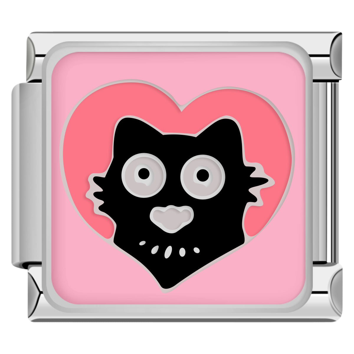 Silver charm with a black cat face in a pink heart on a white background italian charm bracelet