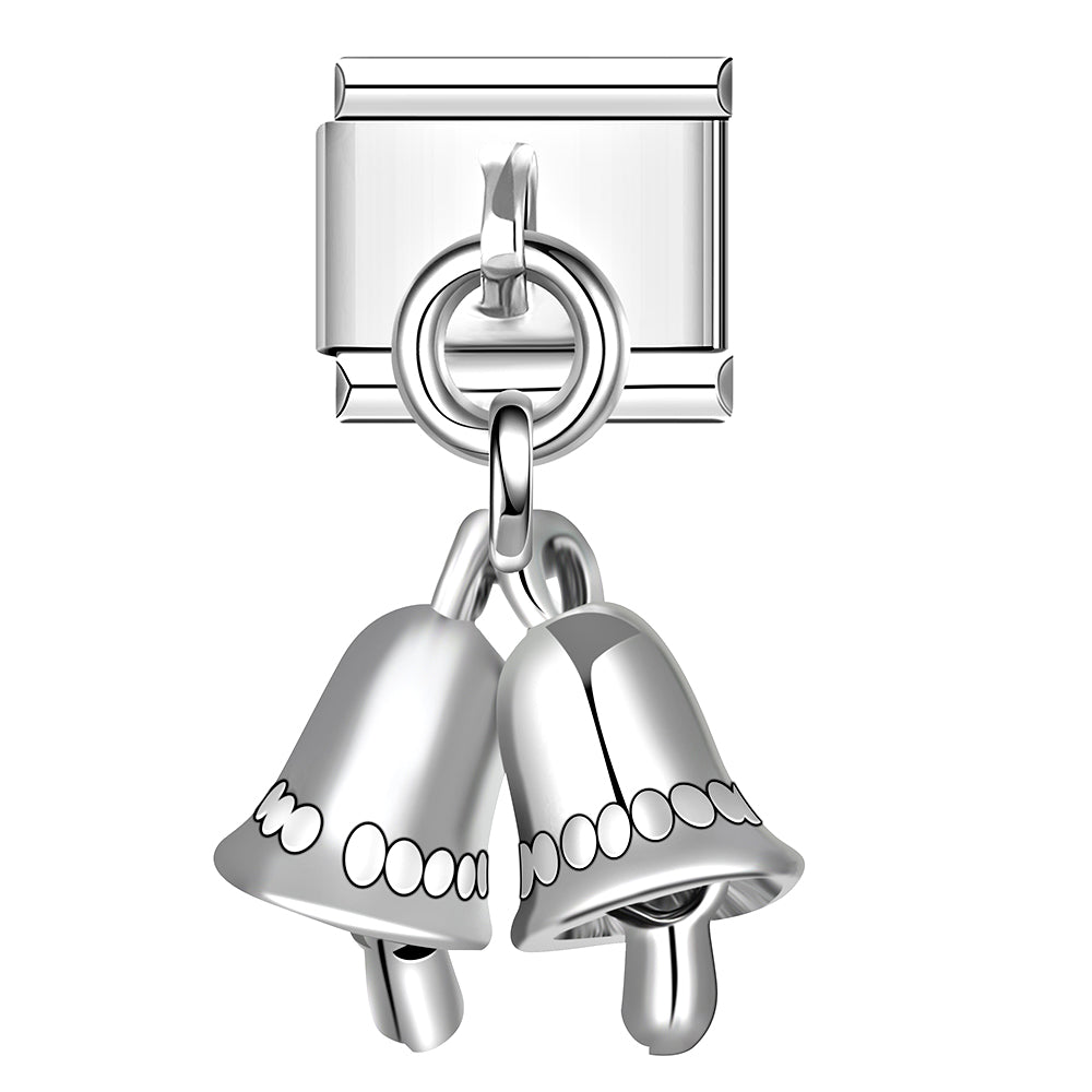 Silver bell Italian charm with engraved bow, Christmas bracelet dangle charm.