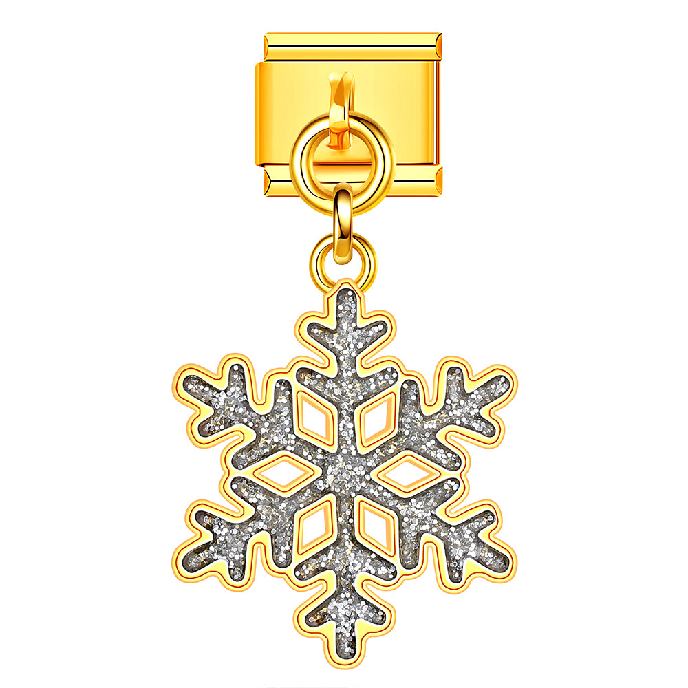 Elegant snowflake Italian charm with sparkling white enamel, perfect for Christmas bracelet DIY.