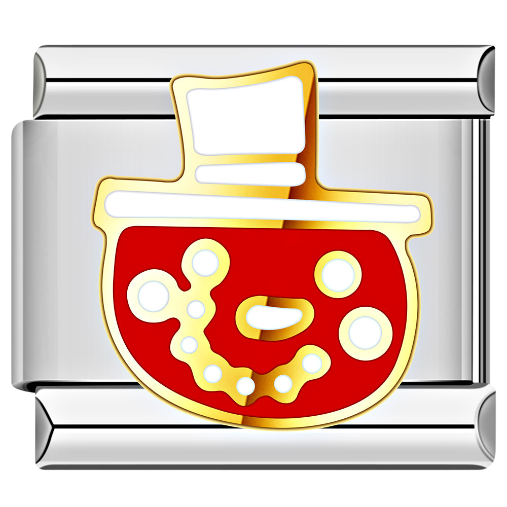 Silver charm with a red and gold design on a white background