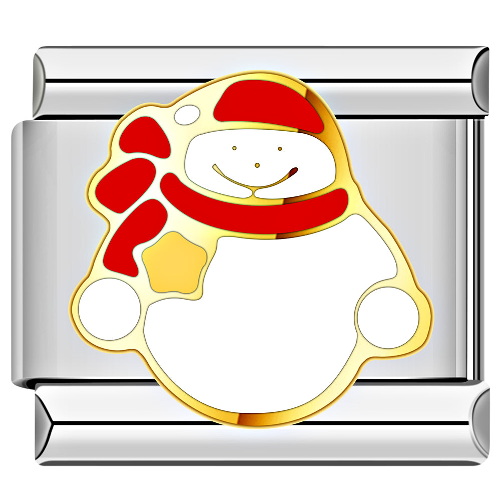 White snowman Italian charm with red hat, Christmas bracelet modular charm.