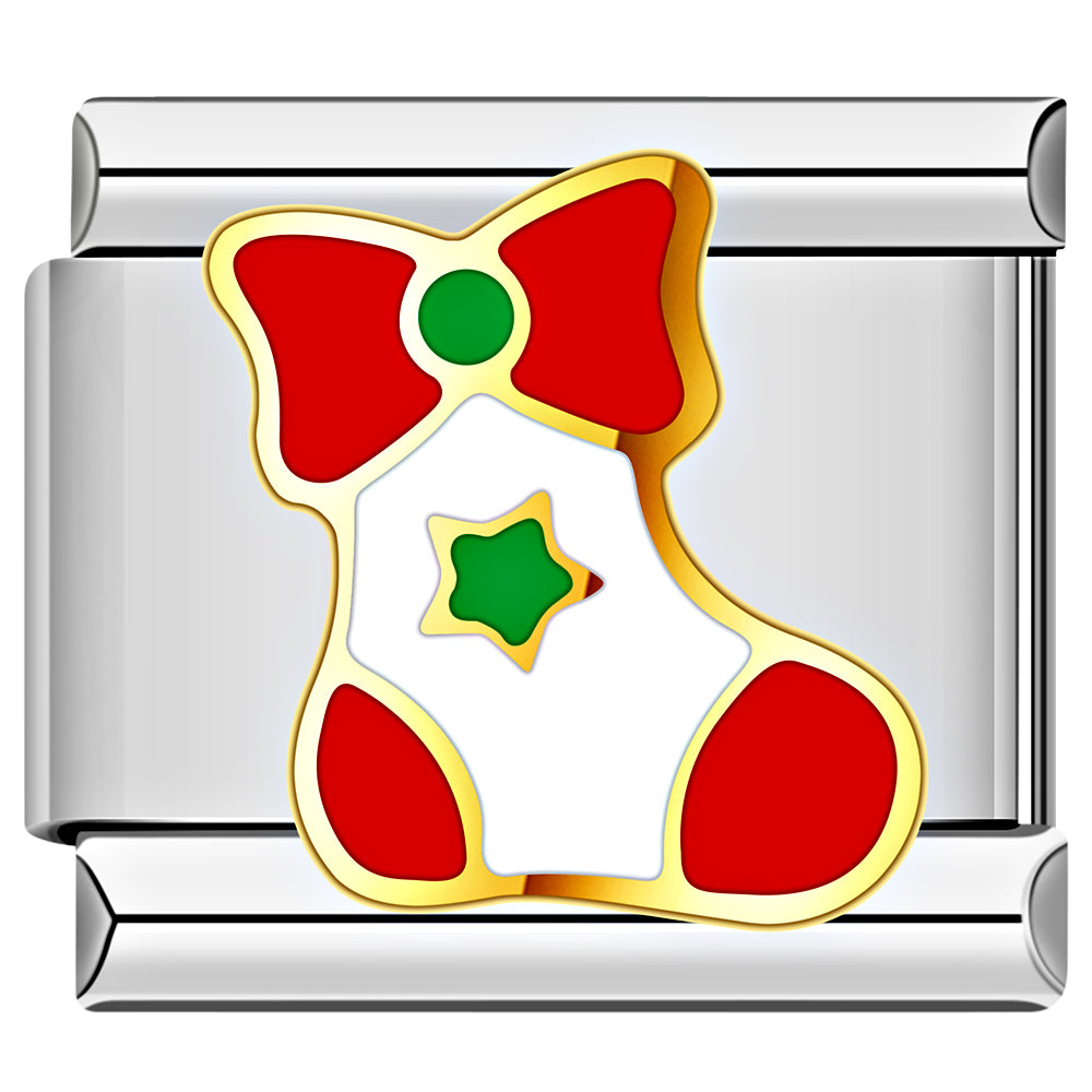 Christmas-themed charm with red stocking, green star, and gold bow on a silver background