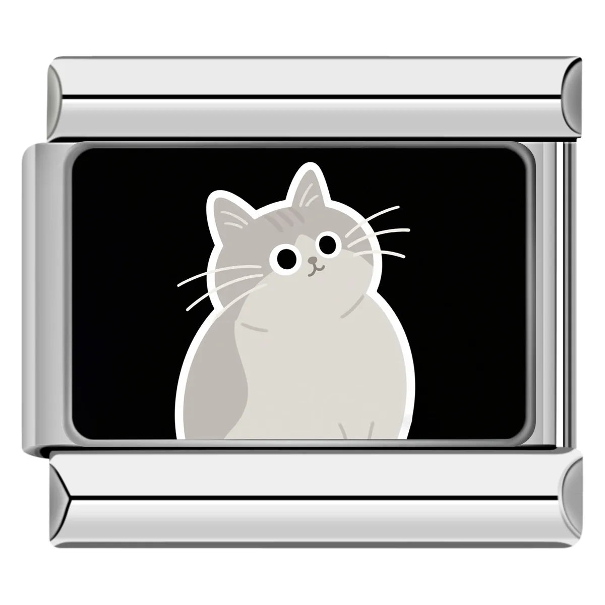 Grey fluffy cartoon cat on black background italian charm, perfect for your cat lover’s italian bracelet