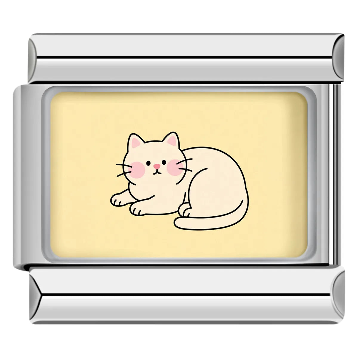 Yellow curled-up kitten charm with pink cheeks on yellow background, custom charm for italian bracelets
