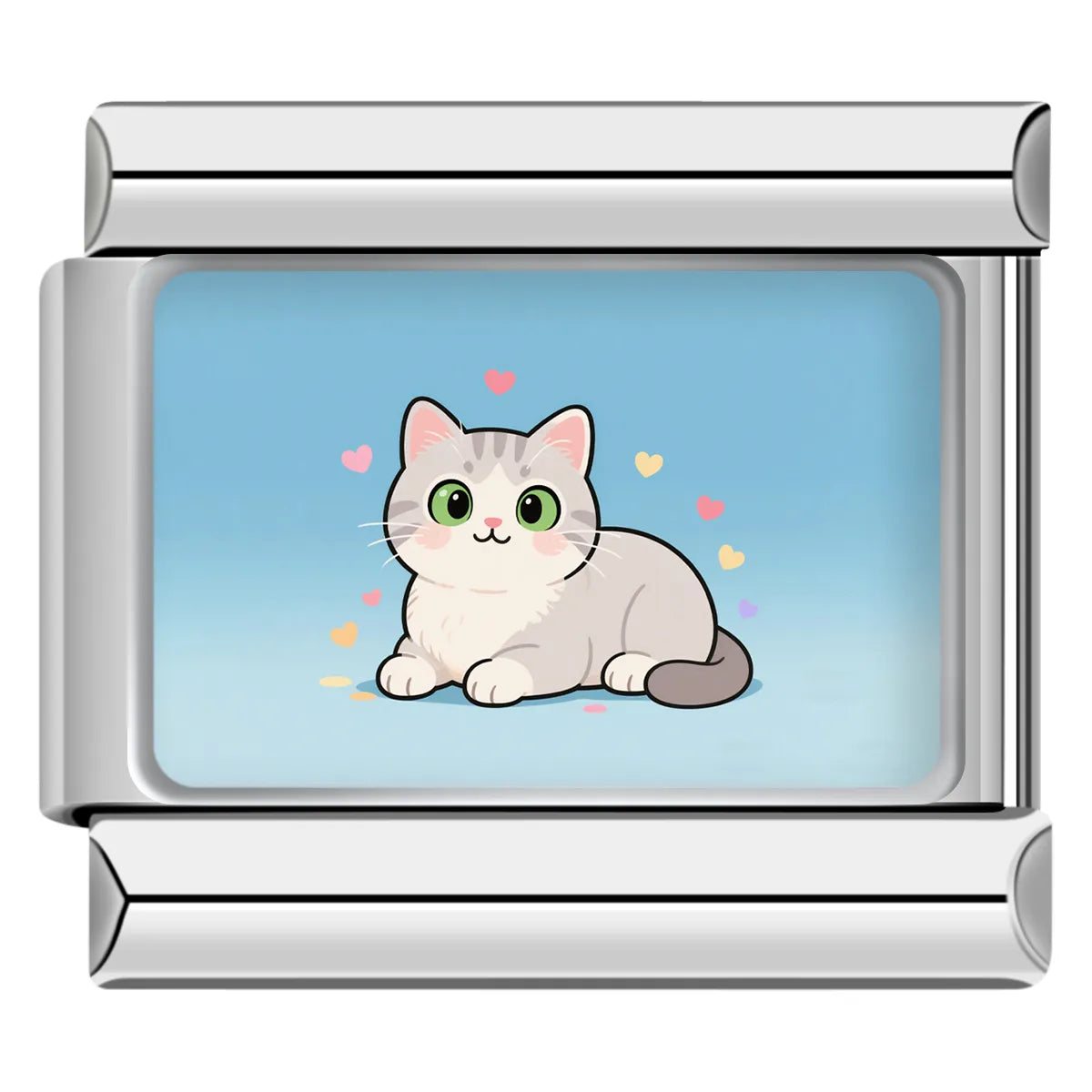 Grey and white kitten with hearts charm, cute option for personalized italian charm bracelet gifts