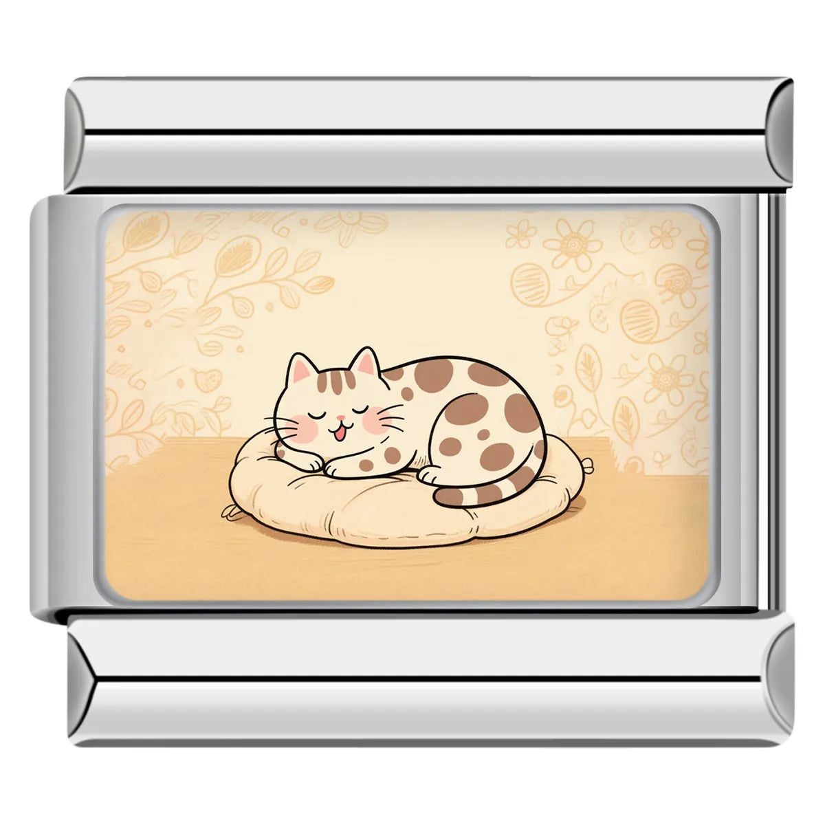 Sleeping tabby cat italian charm on floral background, ideal for custom bracelets with cat themes
